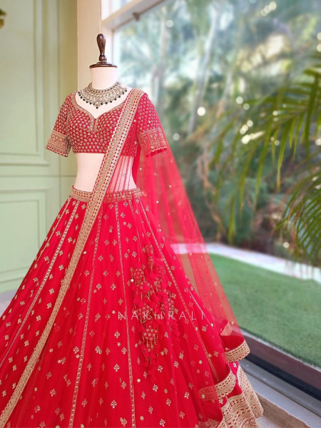 Zardozi Lattice Red Raw Silk & Soft Net Bridal Lehenga