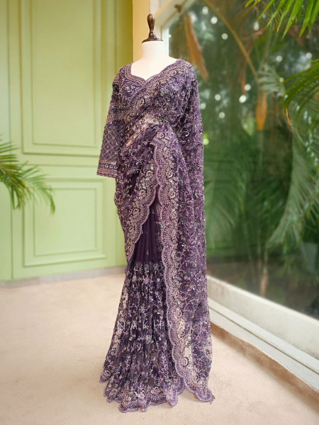 Amethyst Net Saree with Zari and Sequin Embroidery