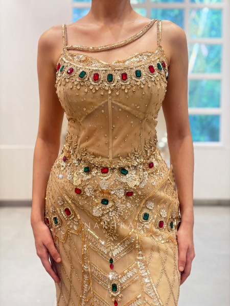 Sunehera Golden Net Mermaid Lehenga Set with Zardozi and Navratan Stone Work