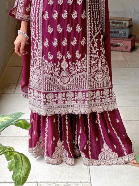 Avani Wine Georgette Gharara Suit Set with Cut Dana, Zari & Sequin Work