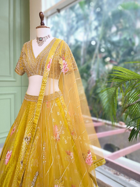 Gilded Fern Mehendi Green Banarasi Silk & Georgette Lehenga Choli