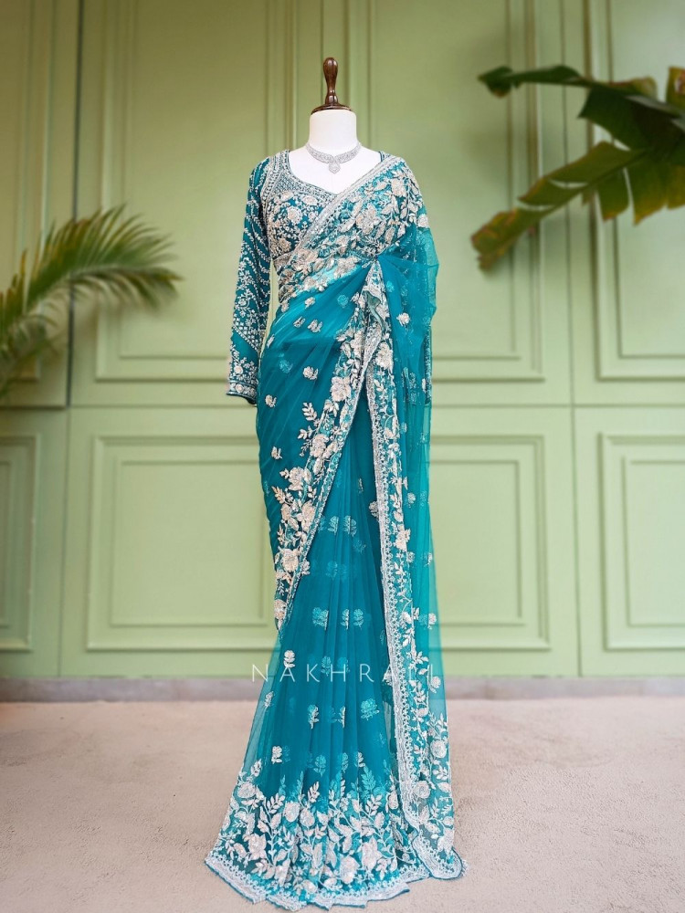 Image of Leher-e-Ishq Blue Net Saree With Floral Hand Embroidery