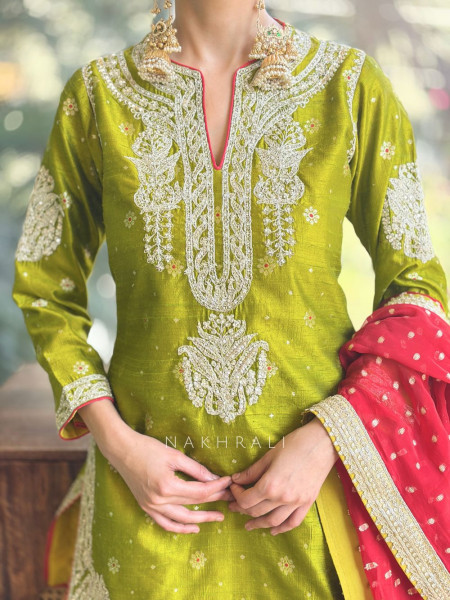 Anokhi Olive Green Zari Sequin Suit Set with Contrast Dupatta