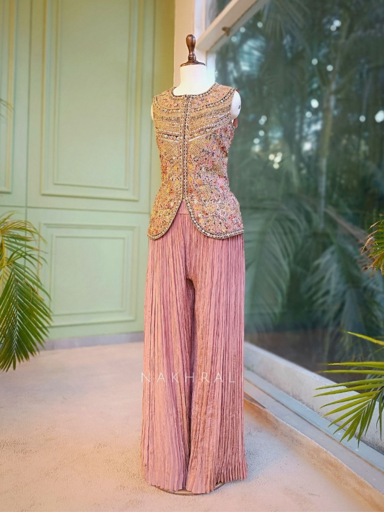 Image of Roselle Pink Indo-Western Palazzo Set with Embroidered Jacket Top
