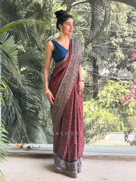 Maroon Floral Ajrak Modal Silk Saree