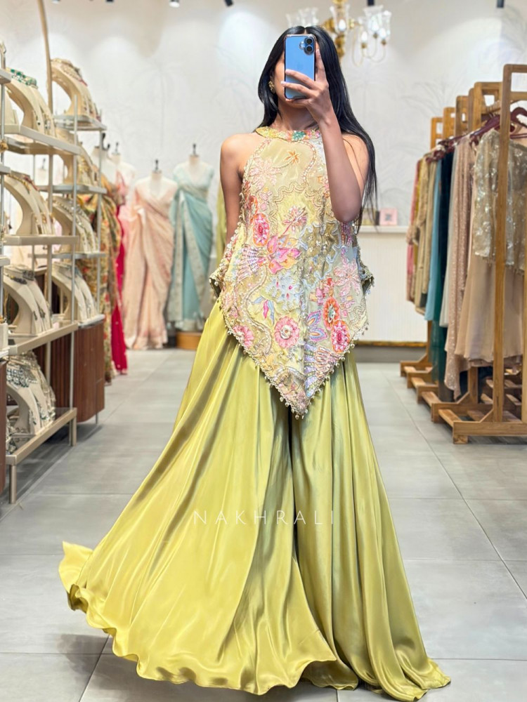 Image of Floral Mehndi Green Indo-Western Palazzo Set with Sequin Work