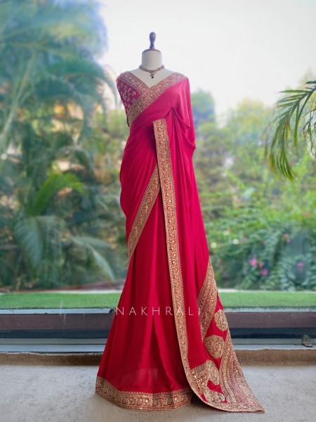Gilded Borderways Red Chinnon Silk Saree with Running Blouse