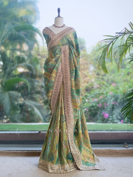 Resham Kyari Green Crepe Silk Printed Saree