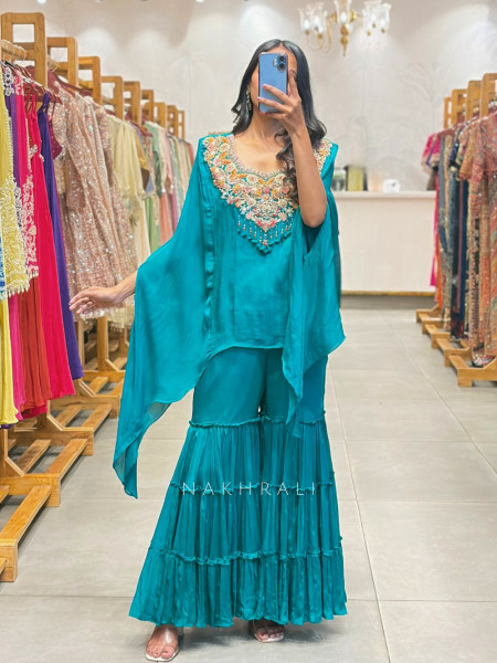 Shiyal Blue Indo Western Gharara Set with Thread Embroidery