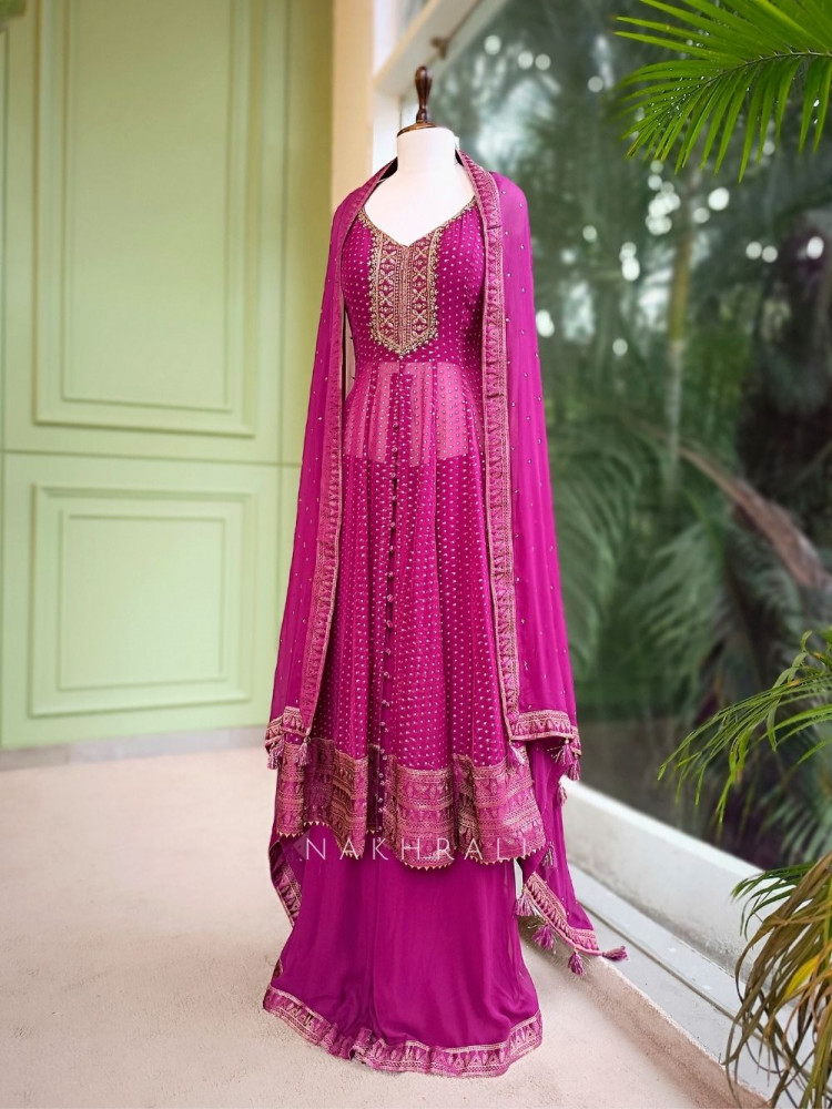 Image of Noorani Wine Embroidered Anarkali Suit Set with Palazzo