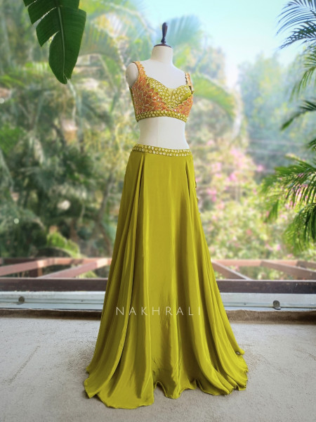 Parrot Green Indo Western Drape Skirt Set with Floral Sequin Embellished Blouse