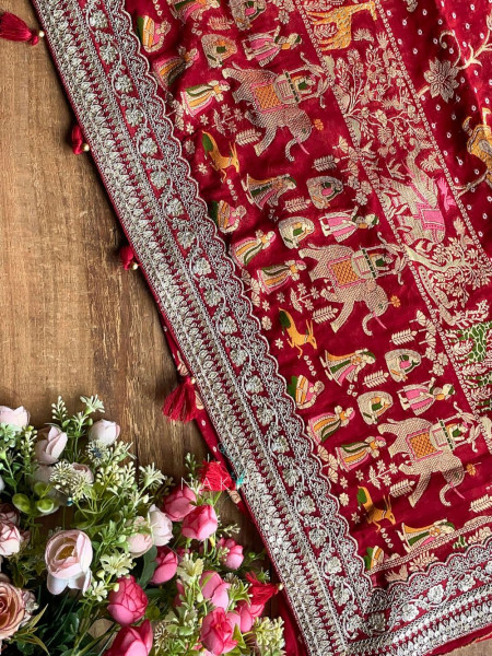 Rivayat-e-Aroos Maroon Saree With Heritage Motif Border Work