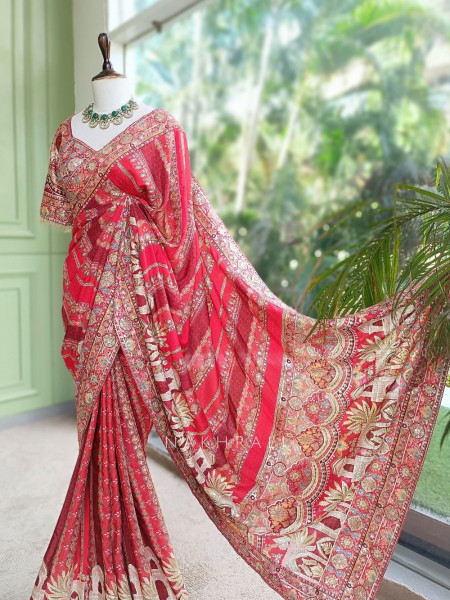 Dia Red Tussar-Crepe Blend Saree with Readymade Blouse