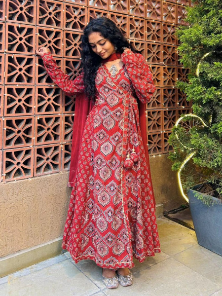 Cotton Ajrakh Print Angrakha Anarkali Suit with Gota Detailing