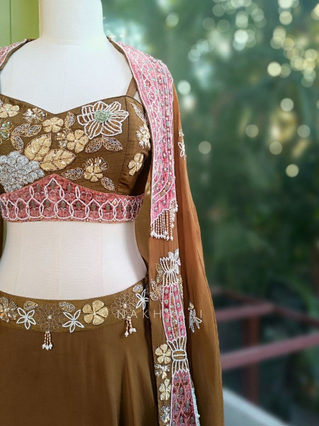 Gulvani Brown Indo-Western Lehenga Set with Zari, Sequin and Bead Work