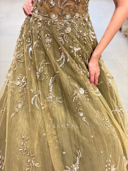 Chandelier Crystal Green Shoulder Drops Gown