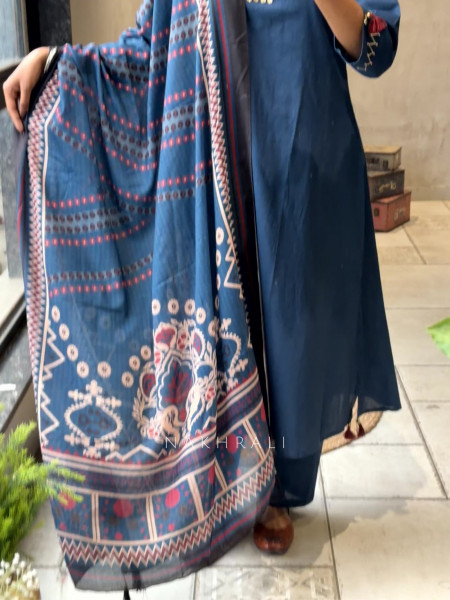 Nerisa Blue Suit Set with Printed Dupatta and Thread Work