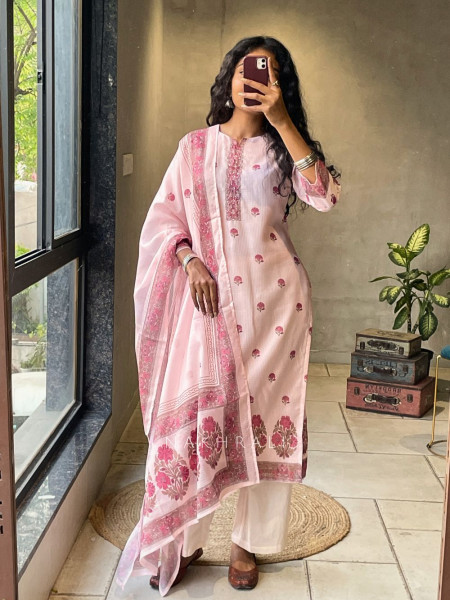 Meher Peach Kota Doria Suit Set with Floral Print