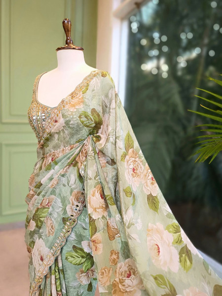 Flora Green Floral Saree with Mirror & Gota Work