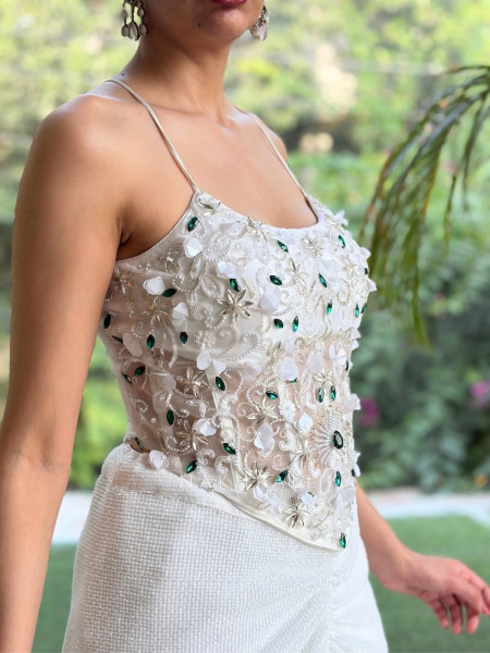 Sitara Veil WhiteMicro-Shimmer Georgette Crop Top Skirt Set