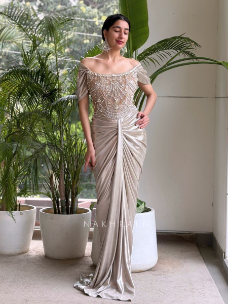 Nivelle Grey Indo-Western Gown with Bead Sequin Work