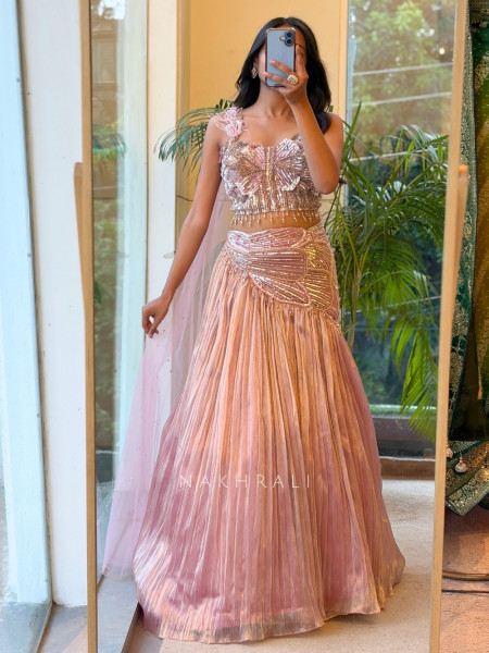 Prishaya Pink Indo-Western Lehenga Set With 3D Butterfly Sequin Work