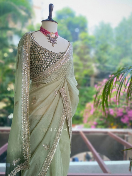 Oshini Pista Green Saree with Readymade Blouse