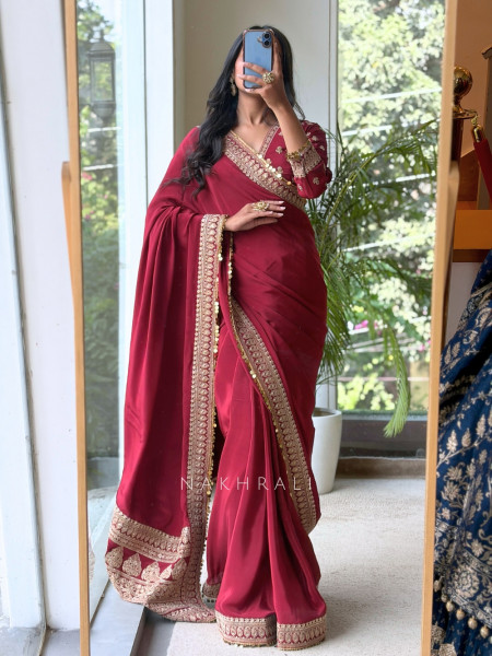 Thalassa Coin Maroon Chinon Georgette Saree