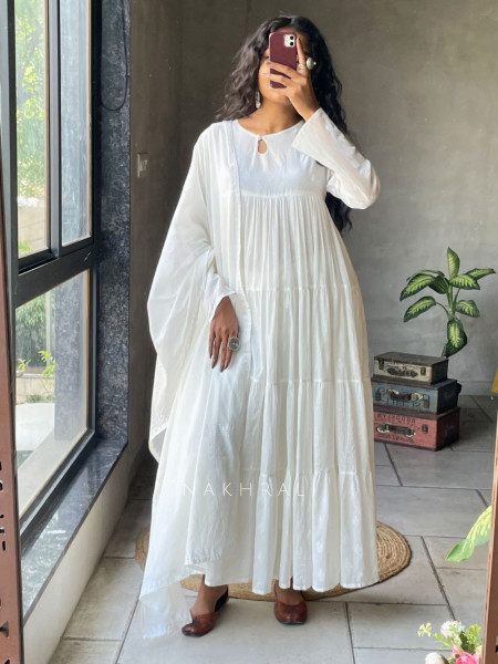 Mihira White Cotton Anarkali Suit Set with Printed Dupatta