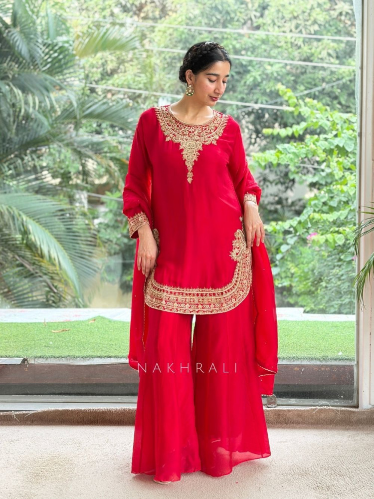 Image of Noor-e-Kanti  Red Chanderi Silk Suit Set