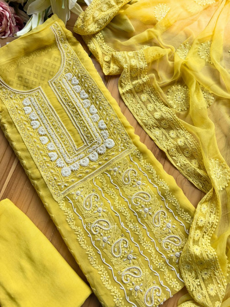 Avarna Yellow Pearl Beads Embroidered Dress Material