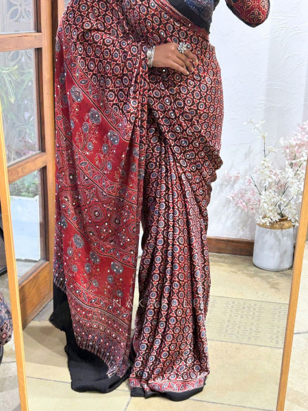 Chitra Maroon Modal Silk Saree With Ajrakh Print
