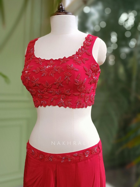 Myra Red Crop Top Skirt with Cape