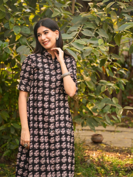 Rihana Black Cotton Block Printed Button-Down Dress