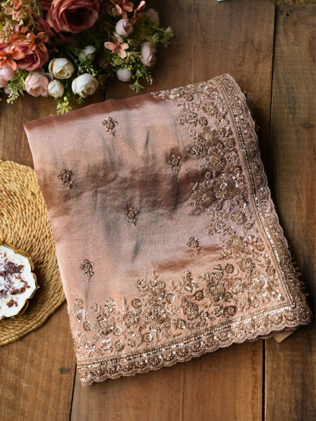 Rivaan Brown Saree with Cut Dana Sequin Embroidery and Readymade Blouse