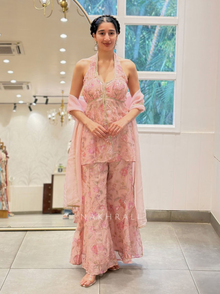 Mira Pink Gharara Suit Set with Floral Zari Work