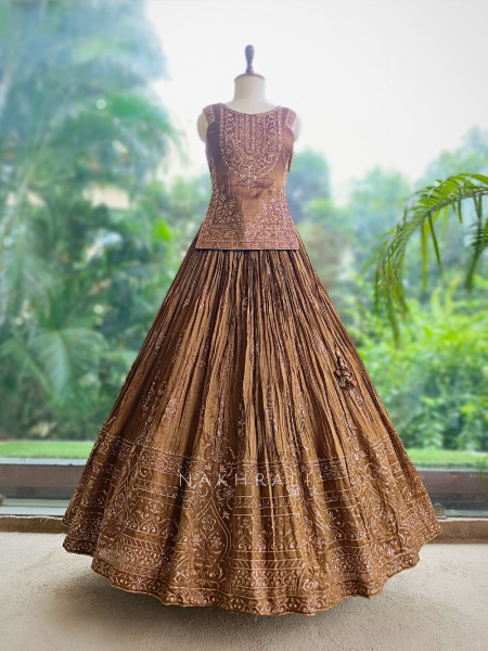 Sultana Shimmer Brown Tissue Silk & Organza Peplum Lehenga Set