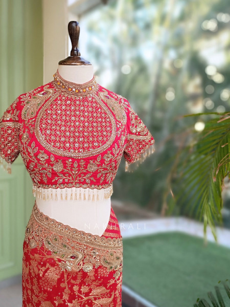 Kundan-Crested Red Banarasi Katan Silk Saree with Readymade Blouse