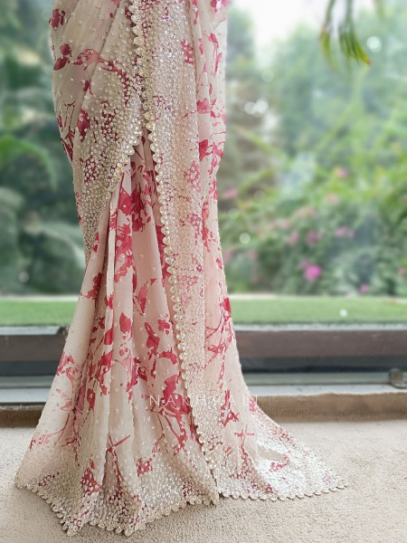 Scarlet Cream Saree with Floral Print & Heavy Embellished Readymade Blouse