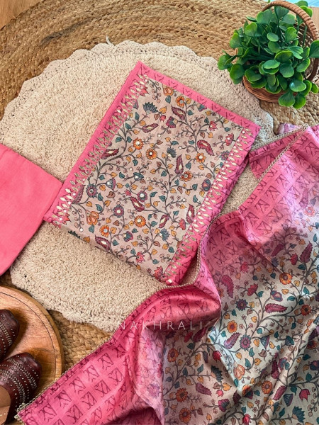 Anara Pink Printed Dress Material with Embroidered Neckline
