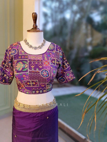 Rati Purple Saree with Gota Patti Border & Multicolor Embroidered Readymade Blouse