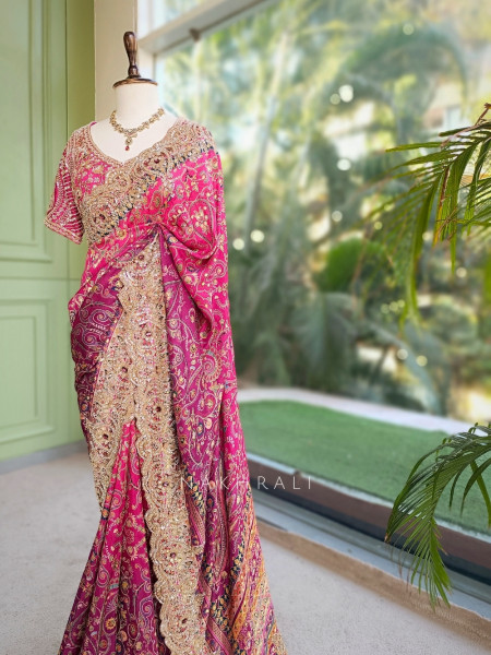 Sitara-e-Dusk Magenta Apple-Cut Black Blouse Saree Set