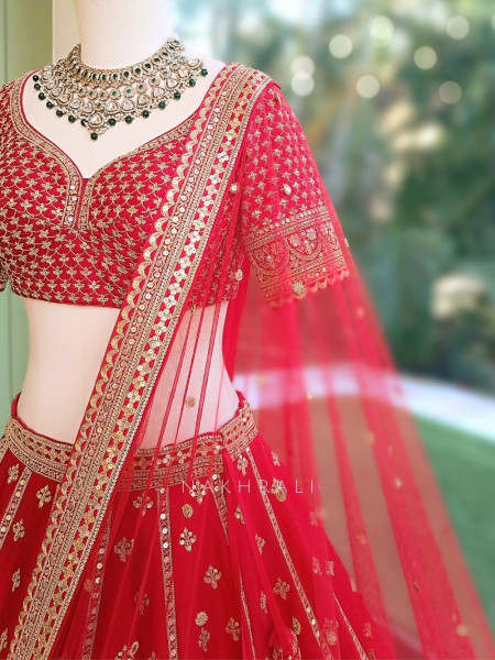 Zardozi Lattice Red Raw Silk & Soft Net Bridal Lehenga