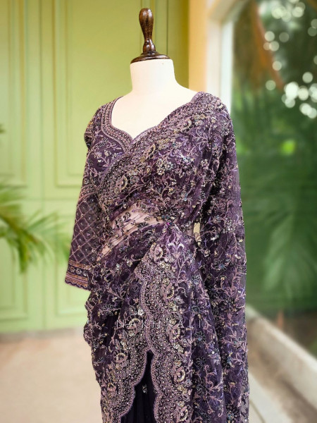 Amethyst Net Saree with Zari and Sequin Embroidery