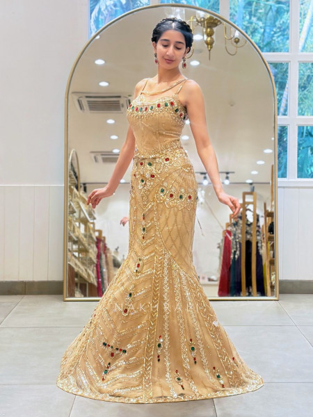 Sunehera Golden Net Mermaid Lehenga Set with Zardozi and Navratan Stone Work