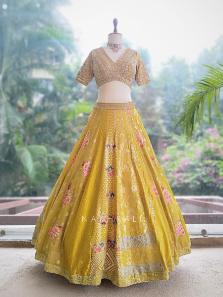 Gilded Fern Mehendi Green Banarasi Silk & Georgette Lehenga Choli