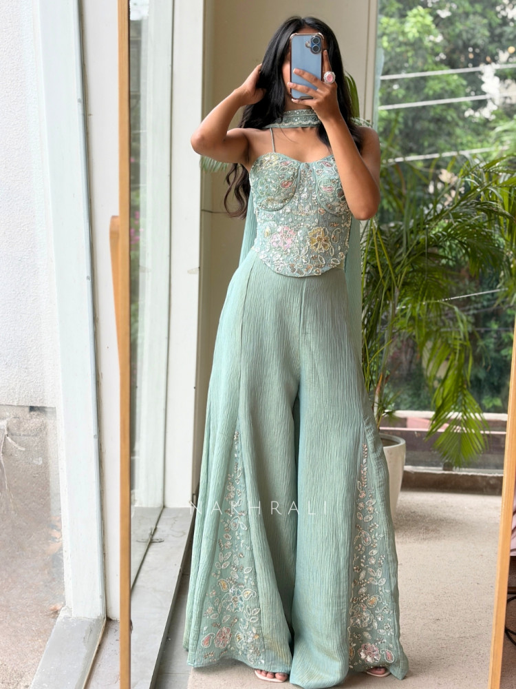 Image of Serenelle Sea Green Crushed Georgette Indo-Western Palazzo Set