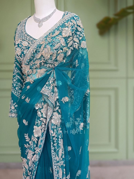 Leher-e-Ishq Blue Net Saree With Floral Hand Embroidery