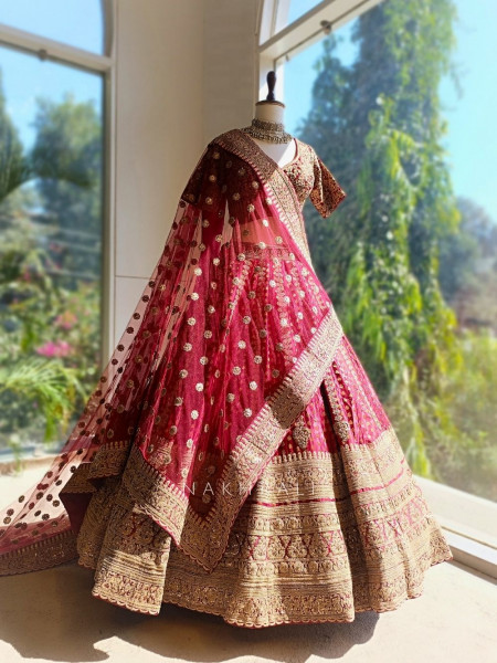 Rivaya Maroon Bridal Lehenga with Zari Sequin and Gota Work