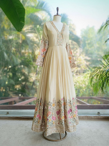 Niraya Cream Anarkali Set with Mirror, Sequin & Thread Embroidery
